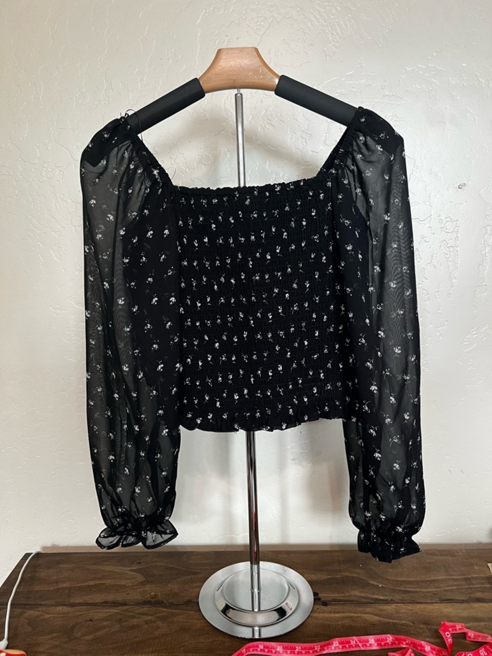 Sheer Sleeve Smocked Crop Top